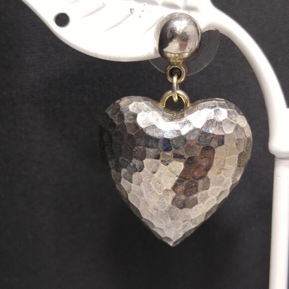 Vintage Hammered Puffy Heart Silver Tone Post Earrings, 1 1/2 Inches - Picture 2 of 7